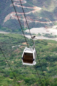 Empty cable car rising from Chicamocha Canyon near Bucaramanga, Colombia