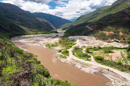 View of the Chicamocha River running through the floor of Chicamocha Canyon in Santander, Colombia