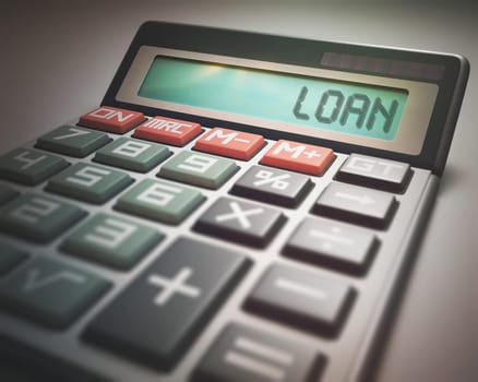 Solar calculator with the word LOAN on the display. 3D illustration, concept image of Business and Finance.