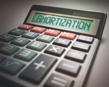 Solar calculator with the word AMORTIZATION on the display. 3D illustration, concept image of Business and Finance.