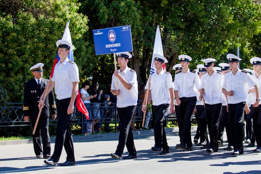 RUSSIA, SOCHI - SEPTEMBER 24, 2016 :SCF Black Sea Tall Ships Regatta 2016. Ship teams parade from sailing ships