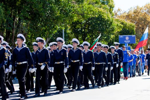RUSSIA, SOCHI - SEPTEMBER 24, 2016 :SCF Black Sea Tall Ships Regatta 2016. Ship teams parade from sailing ships