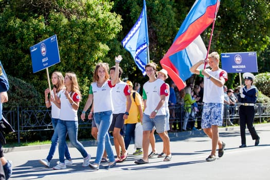 RUSSIA, SOCHI - SEPTEMBER 24, 2016 :SCF Black Sea Tall Ships Regatta 2016. Ship teams parade from sailing ships