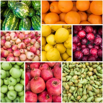 collage with various fruits.  collection of fresh fruits