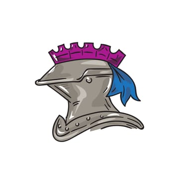 Drawing sketch style illustration of a knight armor helmet viewed from the side set on isolated white background.