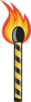 Illustration of a striped match stick on fire set on isolated white background done in retro style.