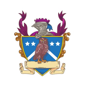 Drawing sketch style illustration of an owl observing perched on a ribbon facing front set inside shield crest with knight helmet on top of crest.