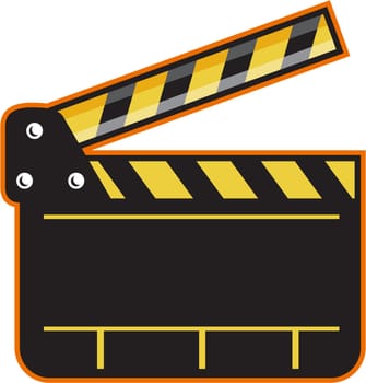 Illustration of an open movie camera slate clapper board viewed from front set on isolated white background done in retro style.