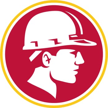 Illustration of a builder construction worker head wearing hardhat viewed from the side set inside circle on isolated background done in retro style.