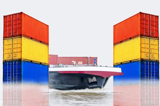 Container ship for the import and export of container box in the water. On the right and left of the picture,differently colored sea containers stacked insulated on a white background.