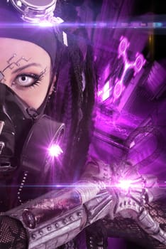 Cyber Gothic girl posing with a futuristic background