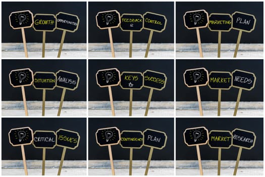 Photo collage of concept messages written with chalk on wooden mini blackboard labels and light bulb as symbol for idea, defocused chalkboard and wood table in background