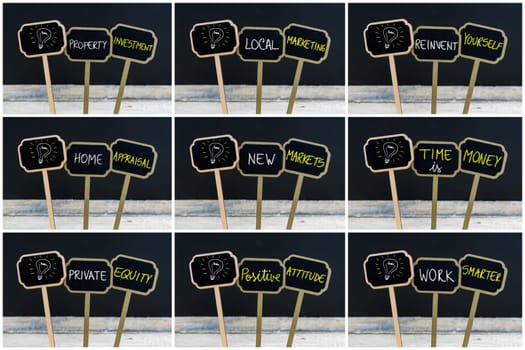 Photo collage of concept messages written with chalk on wooden mini blackboard labels and light bulb as symbol for idea, defocused chalkboard and wood table in background