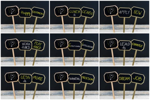 Photo collage of concept messages written with chalk on wooden mini blackboard labels and light bulb as symbol for idea, defocused chalkboard and wood table in background