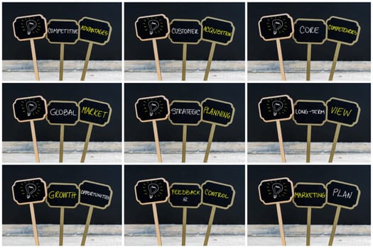 Photo collage of concept messages written with chalk on wooden mini blackboard labels and light bulb as symbol for idea, defocused chalkboard and wood table in background