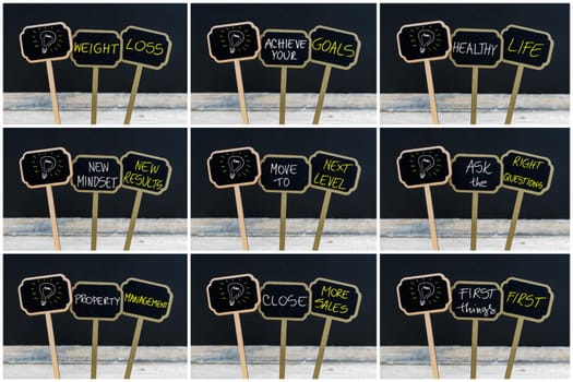 Photo collage of concept messages written with chalk on wooden mini blackboard labels and light bulb as symbol for idea, defocused chalkboard and wood table in background