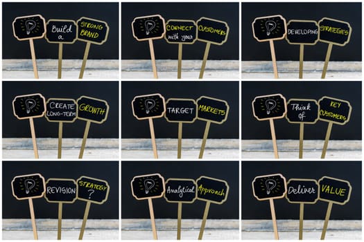 Photo collage of concept messages written with chalk on wooden mini blackboard labels and light bulb as symbol for idea, defocused chalkboard and wood table in background