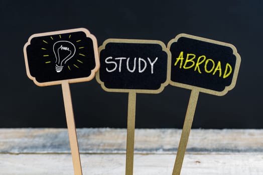 Concept message STUDY ABROAD and light bulb as symbol for idea written with chalk on wooden mini blackboard labels, defocused chalkboard and wood table in background