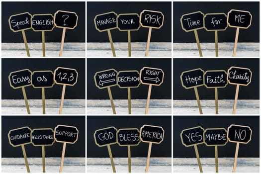 Photo collage of concept messages written with chalk on wooden mini blackboard labels, defocused chalkboard and wood table in background