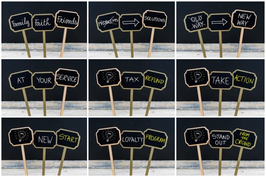 Photo collage of concept messages written with chalk on wooden mini blackboard labels and light bulb as symbol for idea, defocused chalkboard and wood table in background