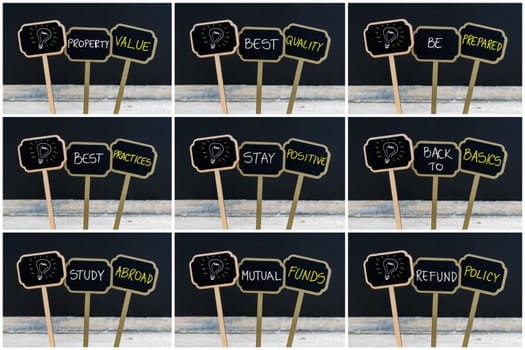 Photo collage of concept messages written with chalk on wooden mini blackboard labels and light bulb as symbol for idea, defocused chalkboard and wood table in background