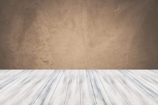 Empty white top wooden table with concrete wall background. For product display
