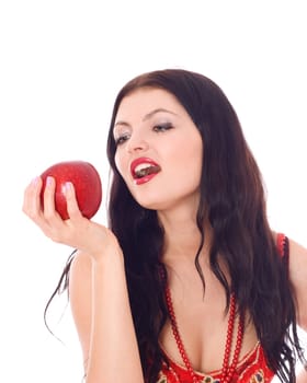 Young beautiful girl with red fruit in her hand, isolated on white
