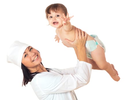 Doctor holding baby over his head. Isolated on white.