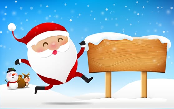 Christmas santa claus snowman and reindeer cartoon smile in front of big blank wooden sign with copy space vector illustration eps 10