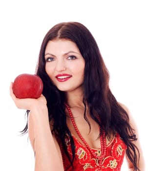 Young beautiful girl with red fruit in her hand, isolated on white