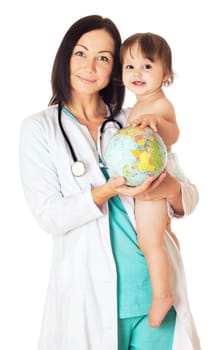 Doctor and baby holding globe. Isolated on white.