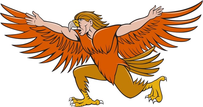Illustration of a Lleu  or Lleu Llaw Gyffes, half man half eagle spreading wings viewed from the side on isolated white background done in cartoon style.