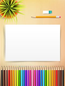 Top view of stationary blank paper and color pencil with copy space on wooden background vector illustration eps 10