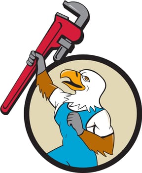 Illustration of a american bald eagle plumber raising up giant pipe wrench adjustable wrench over head looking up viewed from the side set inside circle on isolated background done in cartoon style.