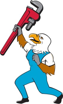Illustration of a american bald eagle plumber standing with knee bended raising up giant pipe wrench adjustable wrench over head looking up viewed from the side  on isolated white background done in cartoon style.