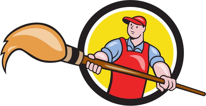 Illustration of an artist painter holding a giant paintbrush set inside circle on isolated background done in cartoon style.