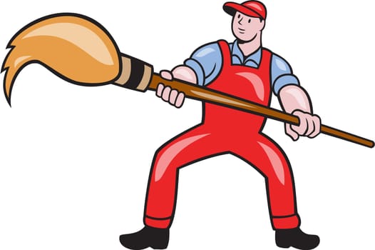 Illustration of an artist painter standing with legs apart holding a giant paintbrush set on isolated white background done in cartoon style.