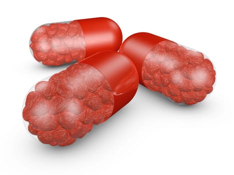 Medical capsule in the inside which are strawberries. 3d render.