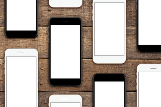 phone set on wood table, mock-up phone set blank screen for app