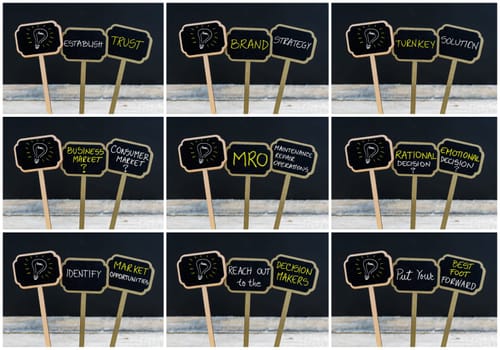Photo collage of concept messages written with chalk on wooden mini blackboard labels and light bulb as symbol for idea, defocused chalkboard and wood table in background