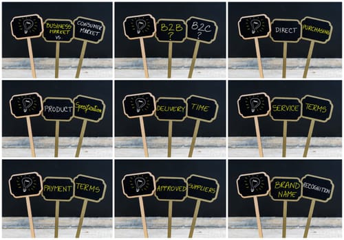 Photo collage of concept messages written with chalk on wooden mini blackboard labels and light bulb as symbol for idea, defocused chalkboard and wood table in background