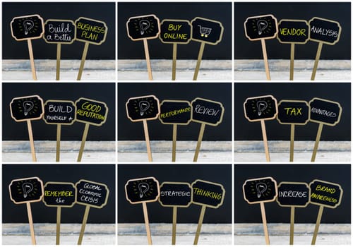 Photo collage of concept messages written with chalk on wooden mini blackboard labels and light bulb as symbol for idea, defocused chalkboard and wood table in background