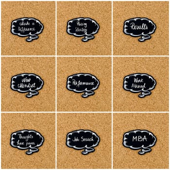 Photo collage of various words written on black thinking bubble over cork board background, copy space available
