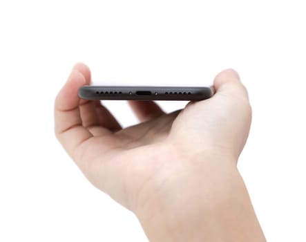hand holding phone showing usb port connect on white background