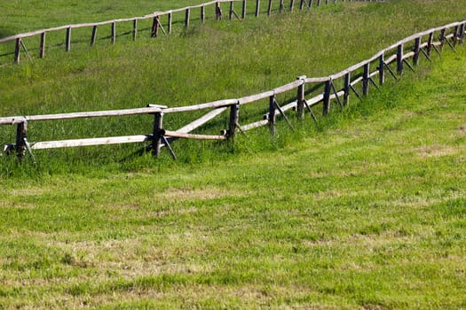 an old wooden fence for animals raised on the farm. Spring, green grass