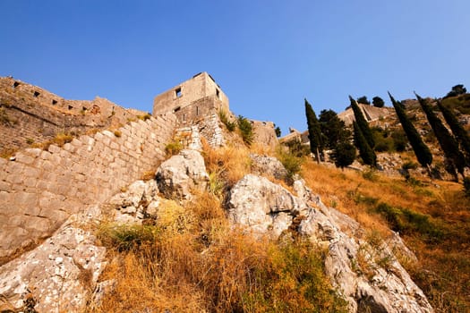 the fortress ruins located on the mountain in Montenegro. City of Kotor
