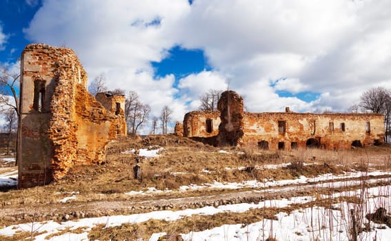 the ruins of an ancient fortress, located in the village of Golshany, Belarus. winter