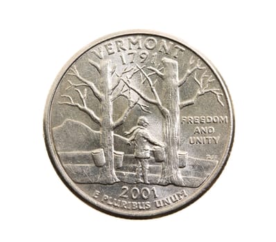 photographed close-up on white background coin dollar American quarter - twenty-five cents, Vermont