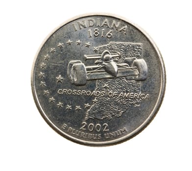 photographed close-up on white background coin dollar American quarter - twenty-five cents, Indiana