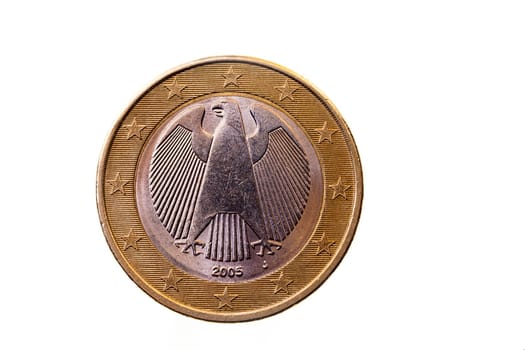 photographed close-up on white background coin of the European union of one euro